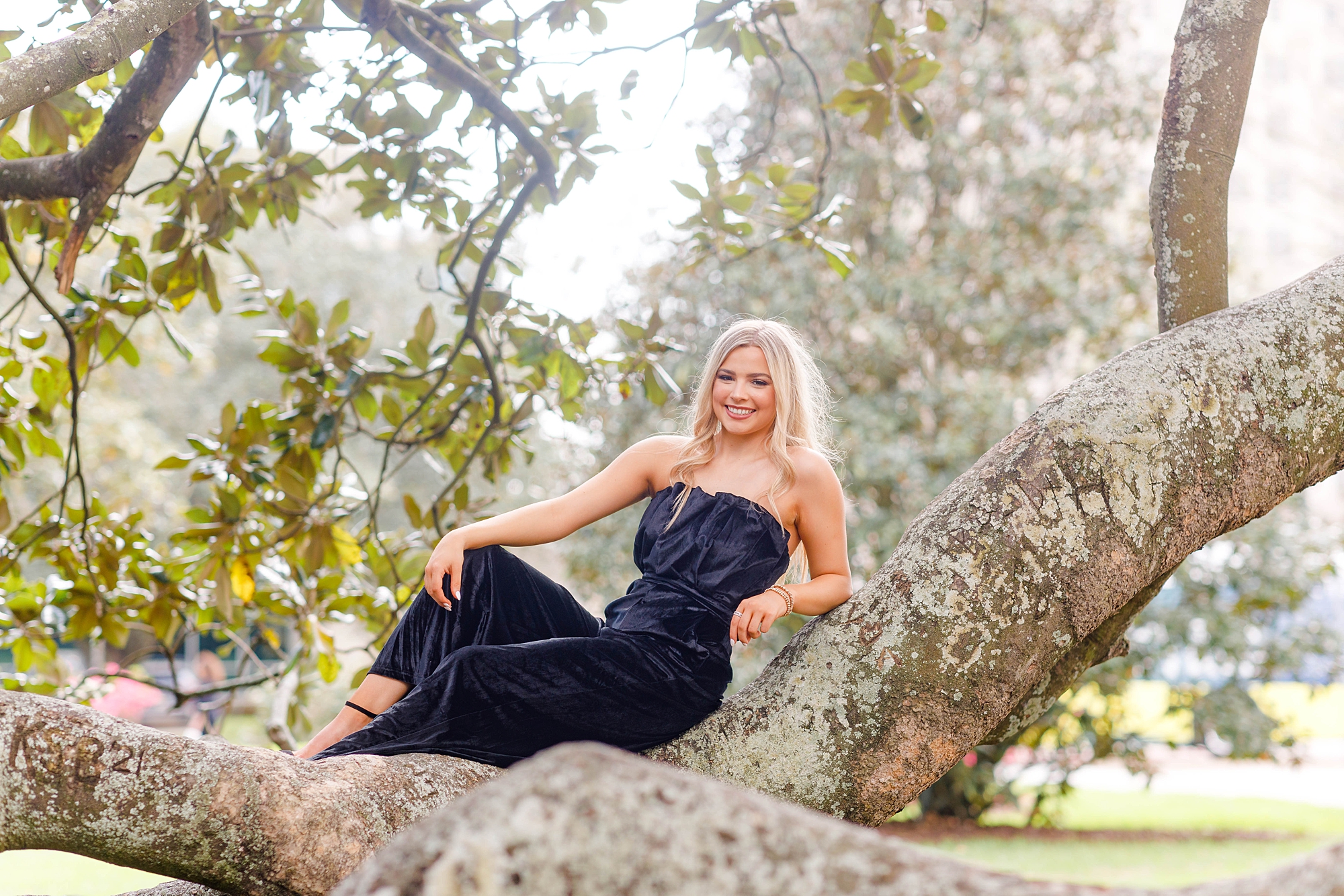 scenic senior portraits in black outfit sitting on tree trunk