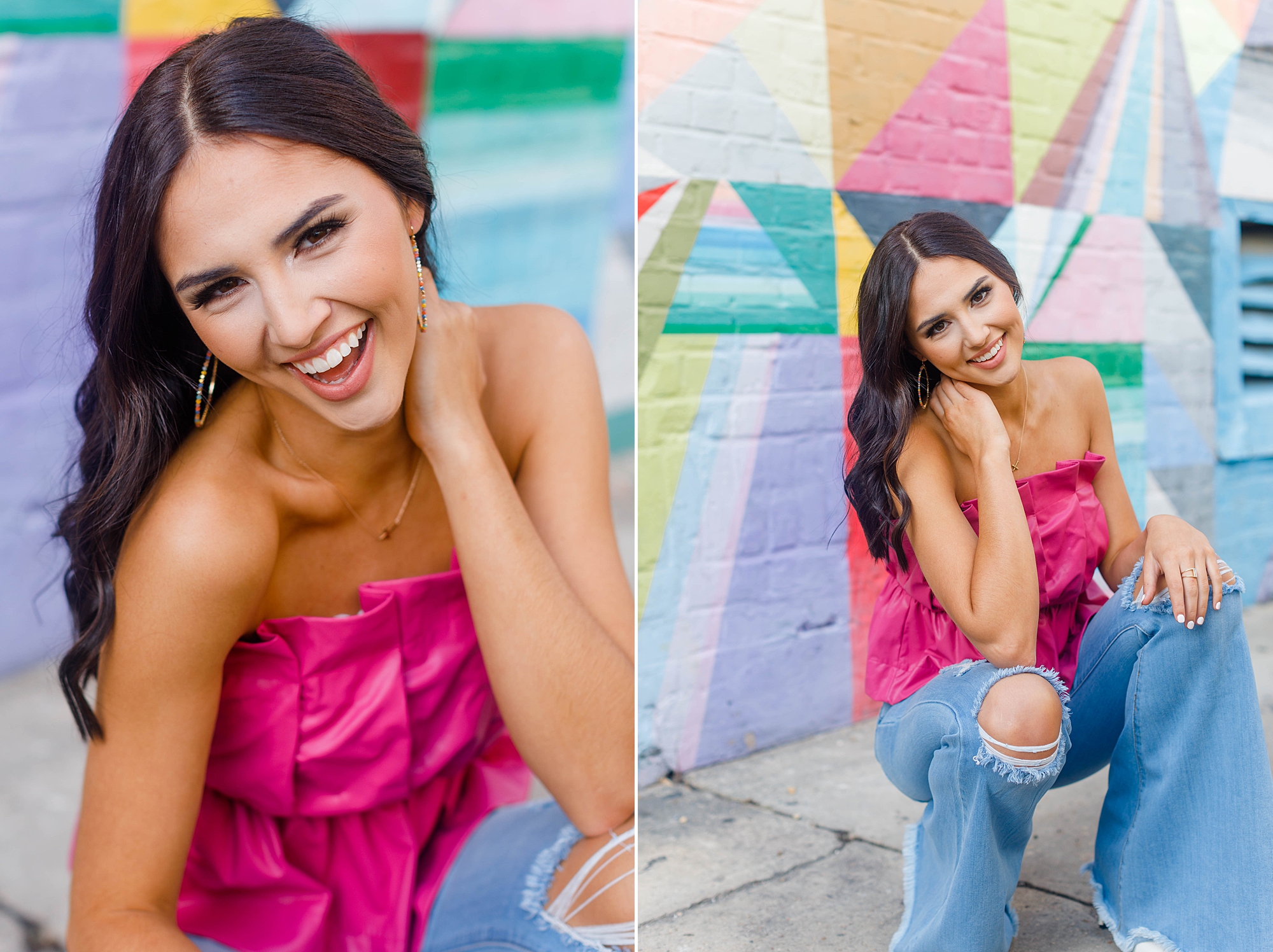 senior portraits against colorful brick wall in downtown Baton Rouge