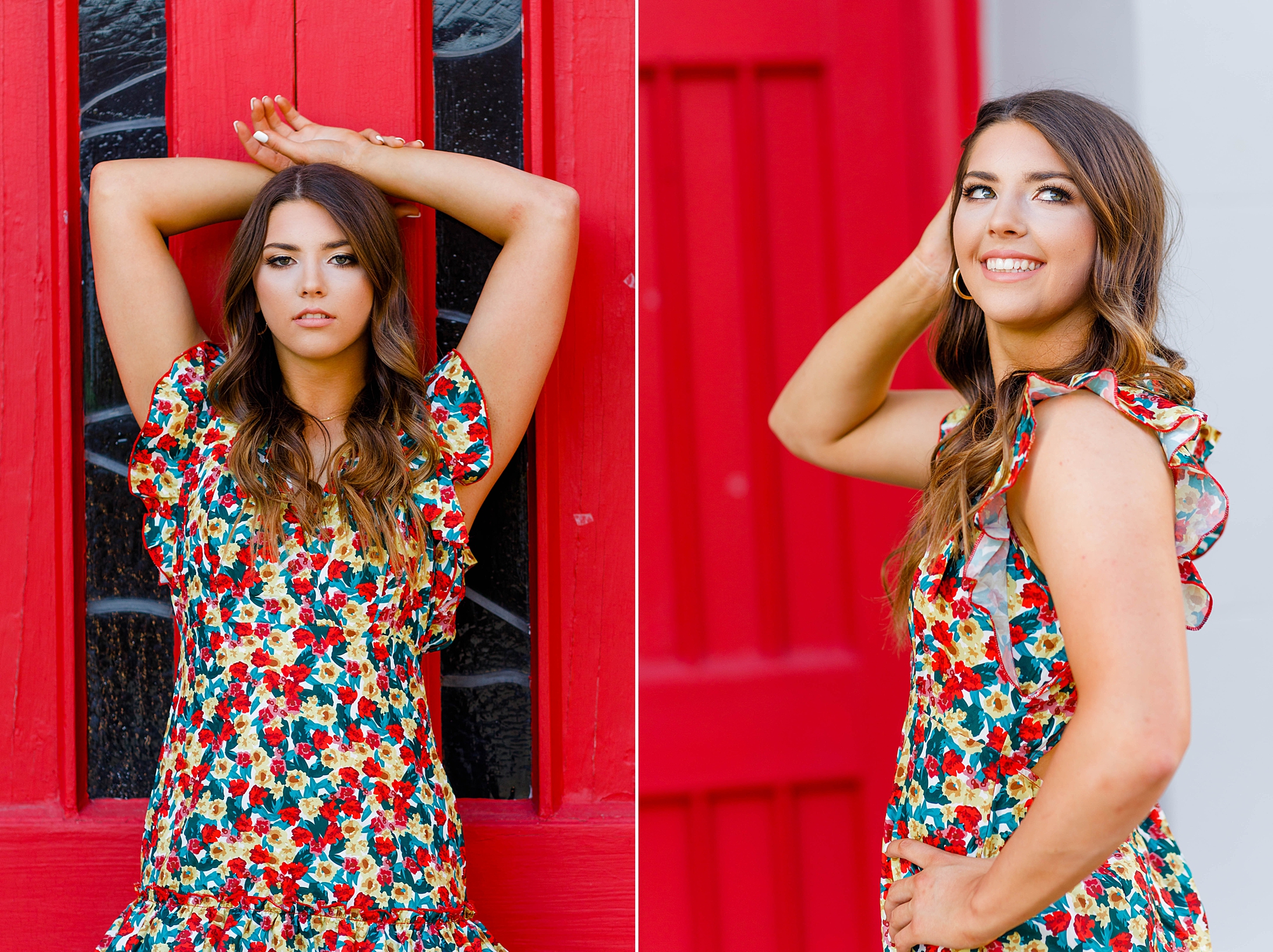 senior girl in colorful floral dress in front of bright red door