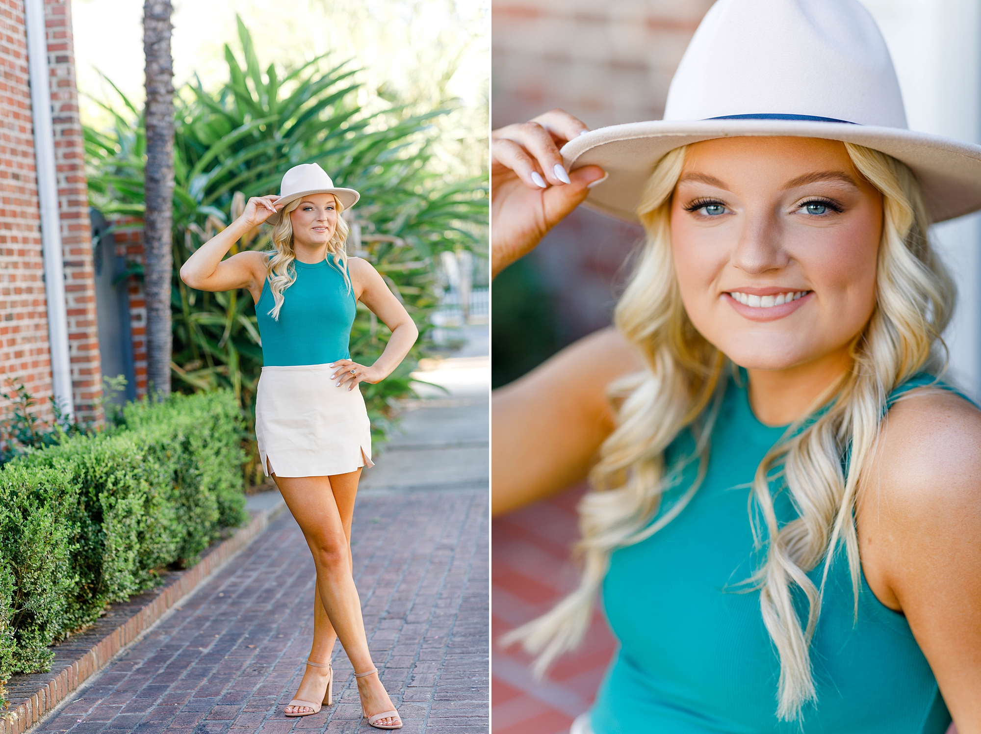 senior in teal shirt and white skirt and hat