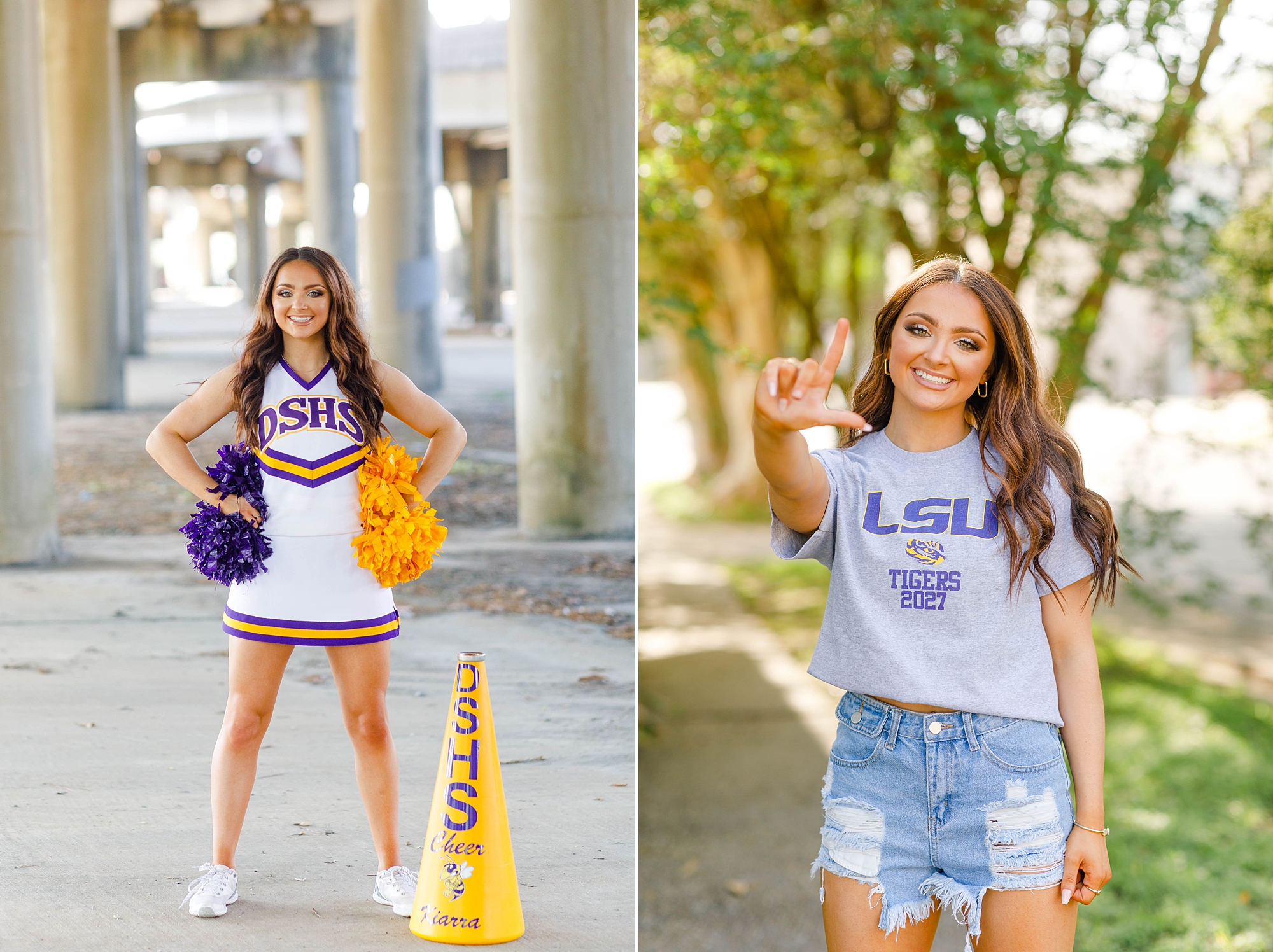 senior girl in cheerleading uniform and future college shirt
