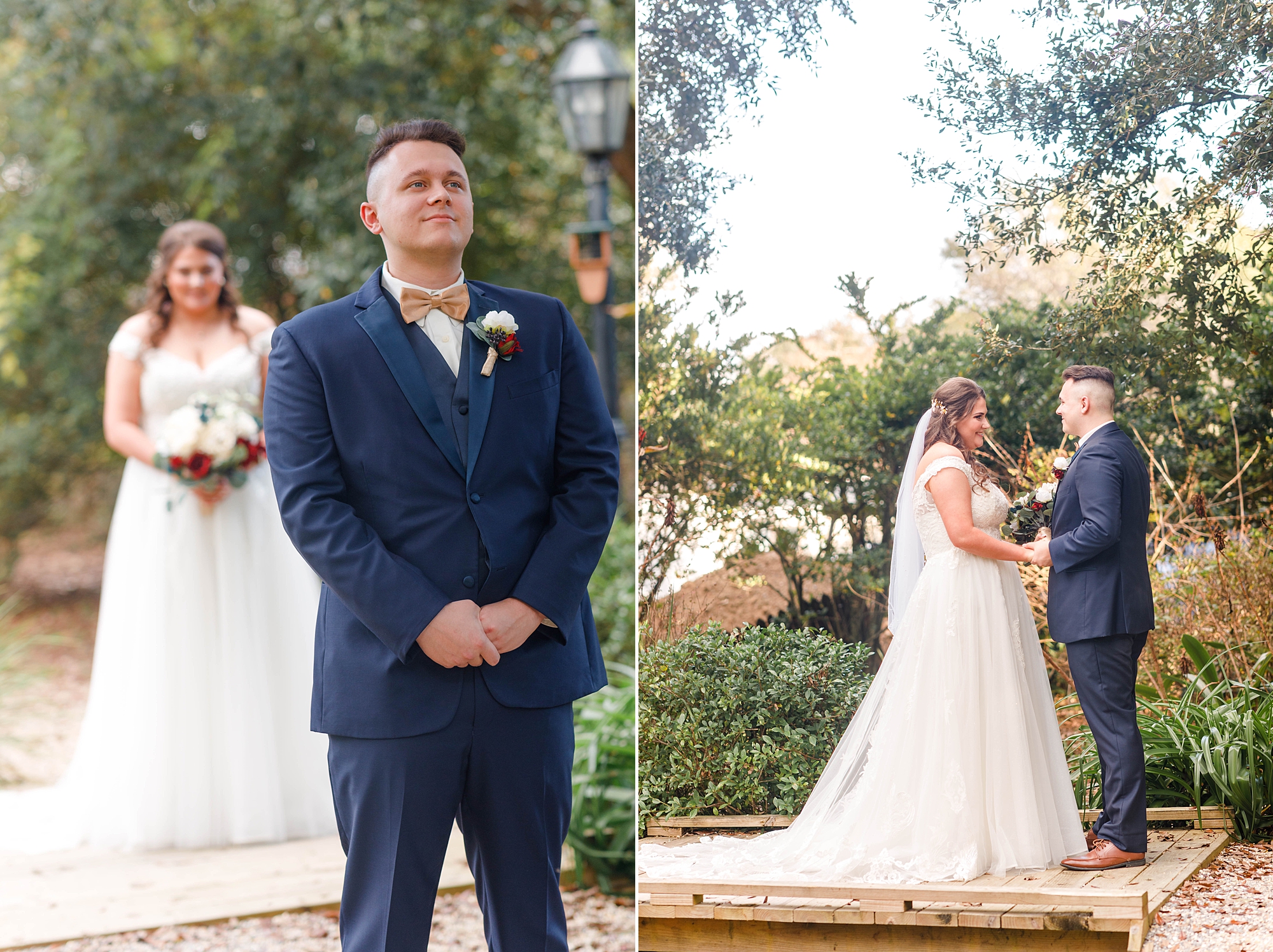 intimate first look between bride and groom before Romantic Oak Lodge Wedding
