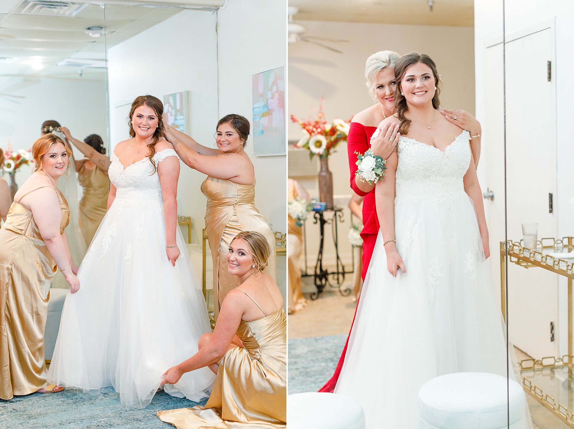 bridesmaids helping bride get ready for wedding day