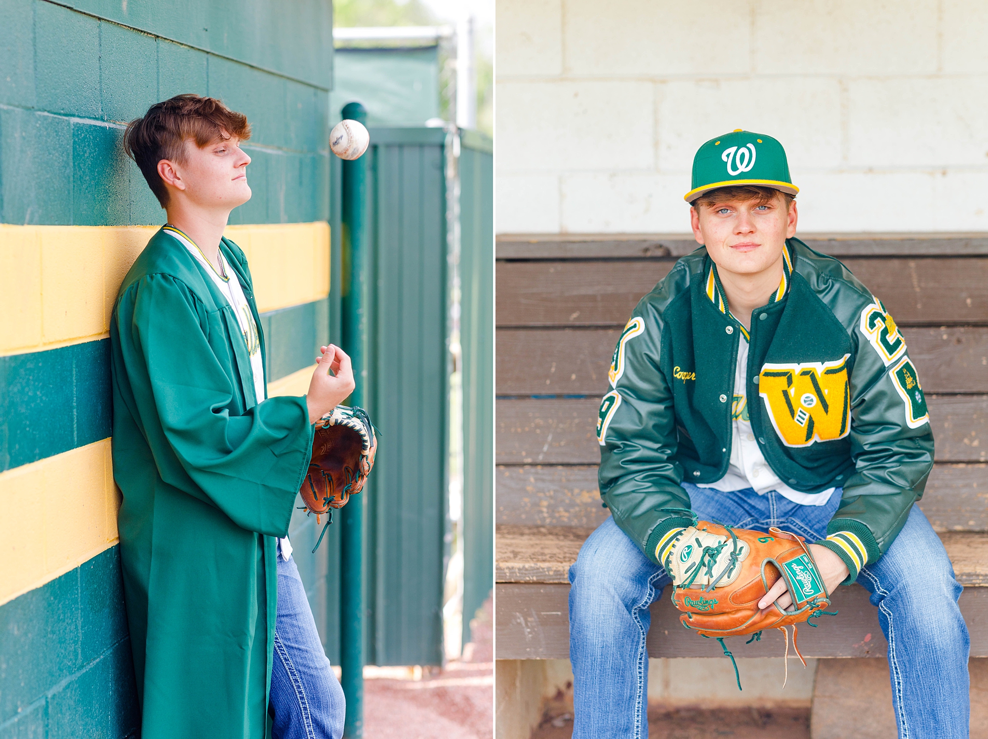 senior portraits with baseball mit and lettermans jacket