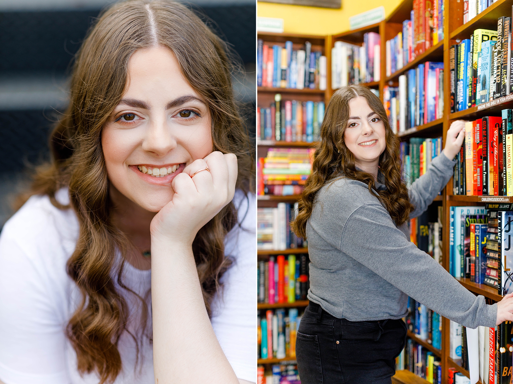 senior in bookstore for portraits 